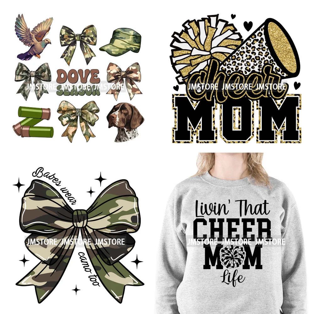 Cheer Mom Life Cheerleader Girls Camo Bow Dove Season Designs Iron On DTF Transfers Stickers Ready To Press For Clothes