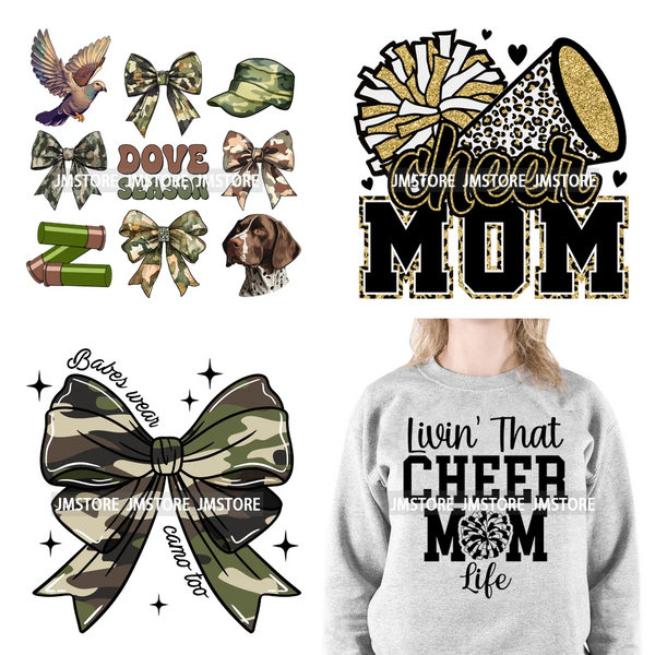 Cheer Mom Life Cheerleader Girls Camo Bow Dove Season Designs Iron On DTF Transfers Stickers Ready To Press For Clothes