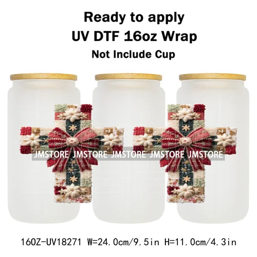 Faux Yarn Crochet Jesus Christmas Religious UV DTF Stickers Ready To Apply Cup Wrap Custom Labels DIY Craft For Libbey Glass Can