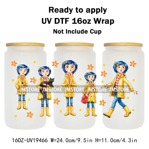 Horror Movie Witchy Girl Black Cat UV DTF Wraps Transfer Sticker Selfadhesive Waterproof High Quality For 16OZ Libbey Glass Can