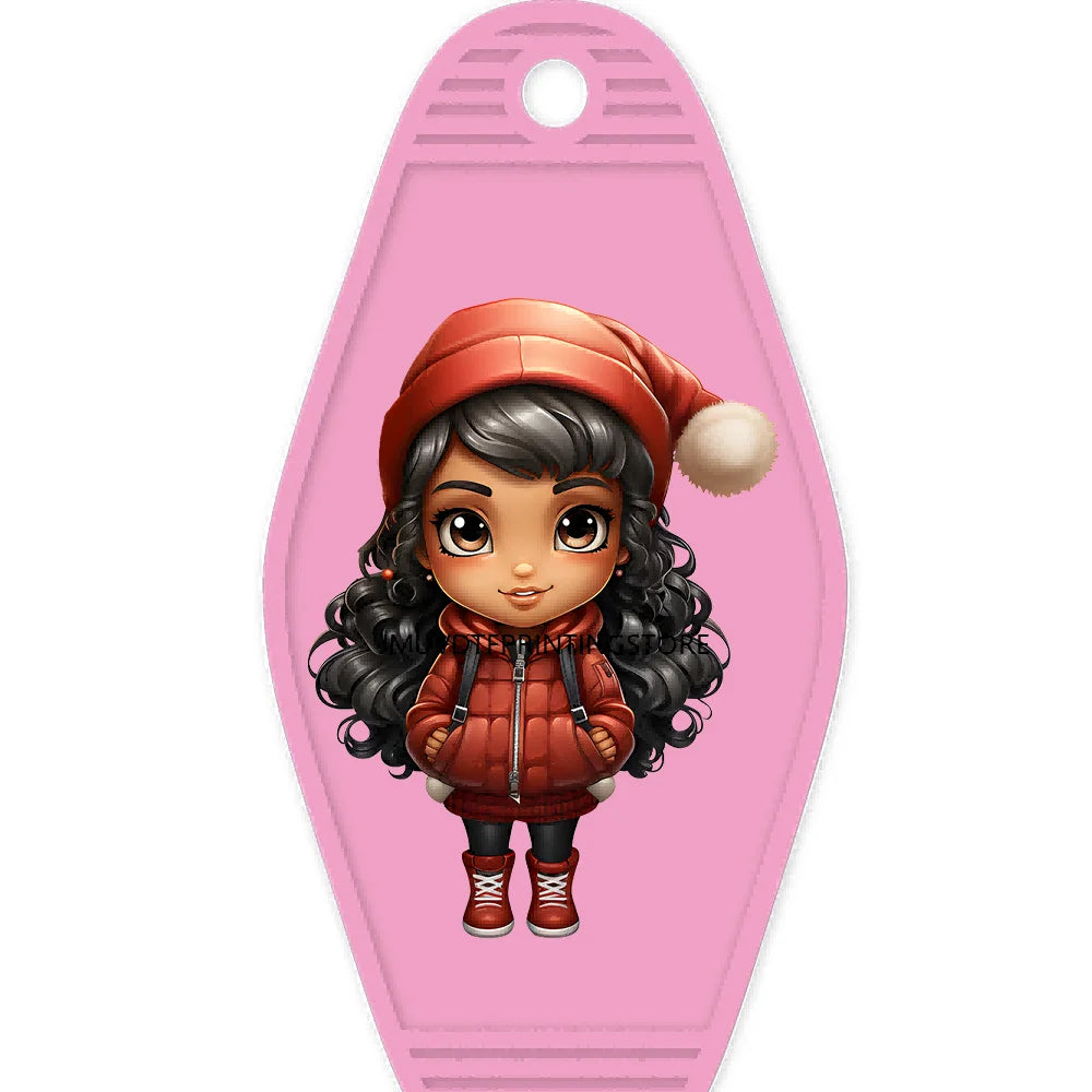 Merry Christmas Little Girls With Santa Hat High Quality WaterProof UV DTF Sticker For Motel Hotel Keychain