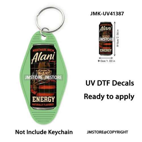 Halloween Horror Killer Energy Drink UV DTF Motel Keychain Decal Ready To Ship Durable Transfer Stickers Logo For Hotel Keychain
