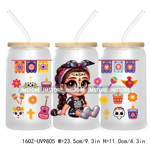 Day Of The Dead 16OZ UV DTF Cup Wrap Transfer Stickers Hispanic Chibi Baby Girl Custom Labels Waterproof For Libbey Glass Can