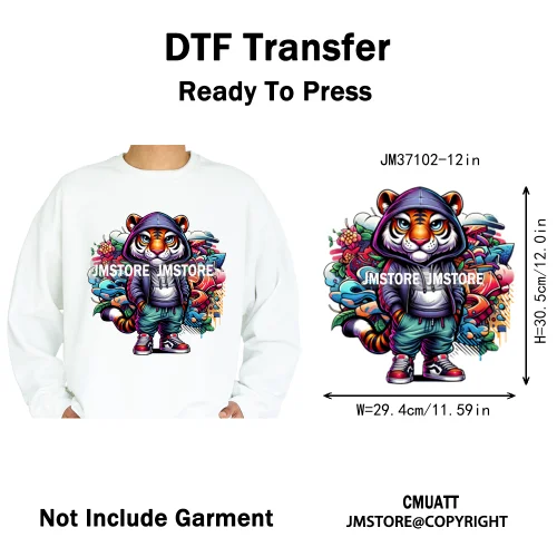 12in Cartoon Graffiti Streetwear Tiger Bunny Animal King Hip Hop Poster Iron on DTF Transfer Stickers Ready to Press for Hoodies