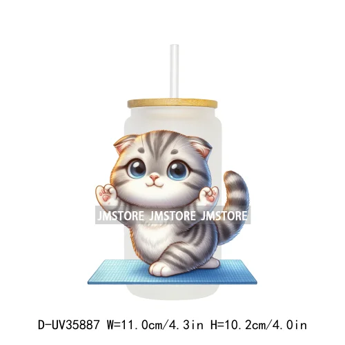 Cute Chubby Yoga Cats Animals UV DTF Transfer Stickers Decals Ready To Apply Waterproof For 16OZ Libbey Glass Can Cups Tumbler