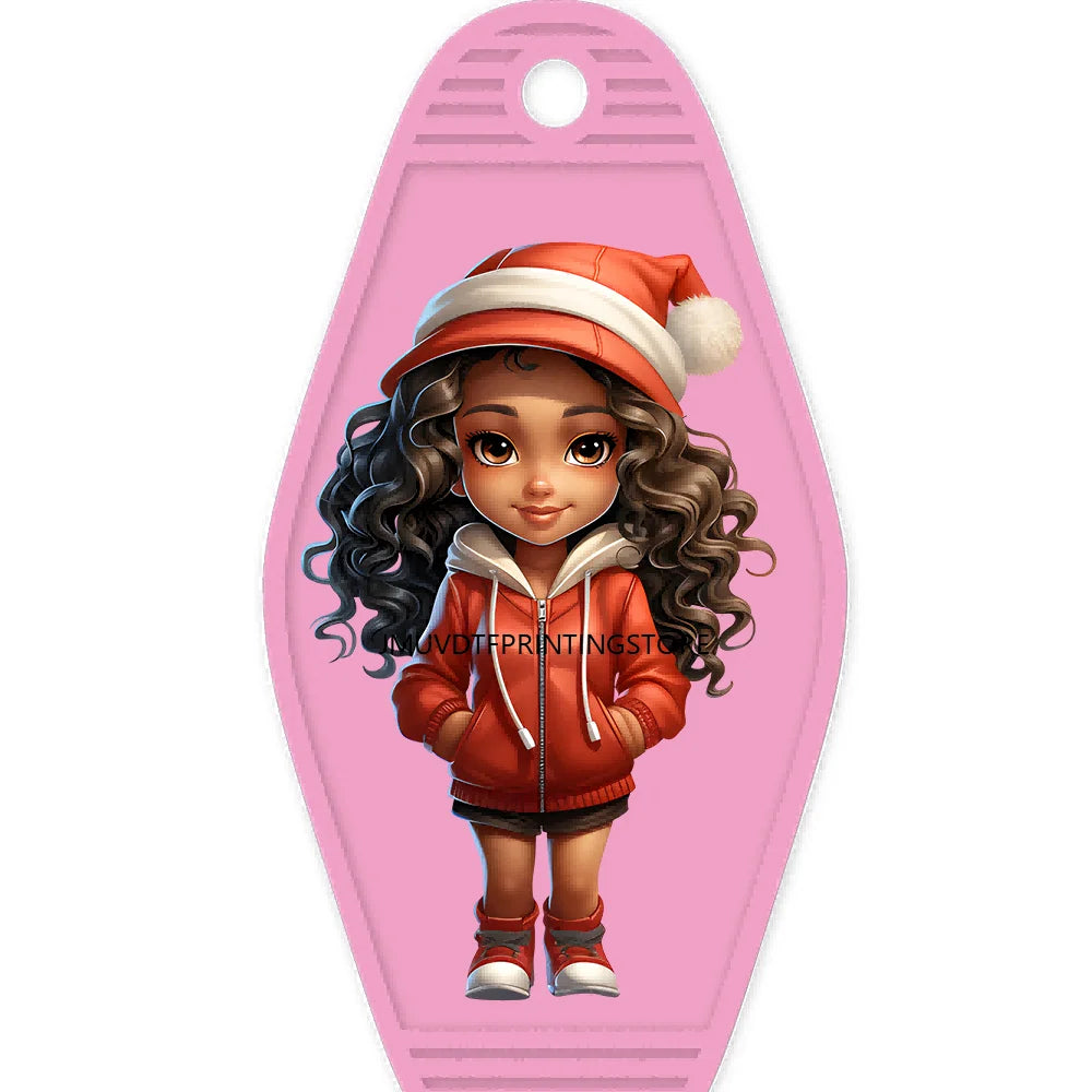 Merry Christmas Little Girls With Santa Hat High Quality WaterProof UV DTF Sticker For Motel Hotel Keychain