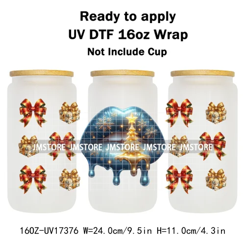 Colorful Christmas Lips Holiday Gifts Xmas Balls UV DTF Wraps Transfer Sticker Waterproof Logo For 16OZ Libbey Glass Can Tumbler