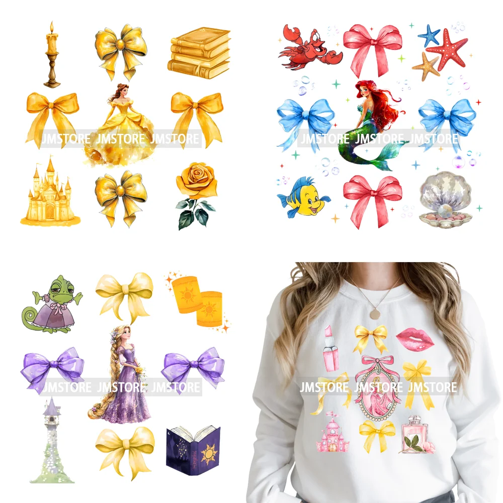 Colorful Girly Coquette Cartoon Princess Family Trip Iron on Washable DTF Heat Transfers Stickers Ready to Press for Clothing