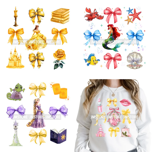 Colorful Girly Coquette Cartoon Princess Family Trip Iron on Washable DTF Heat Transfers Stickers Ready to Press for Clothing