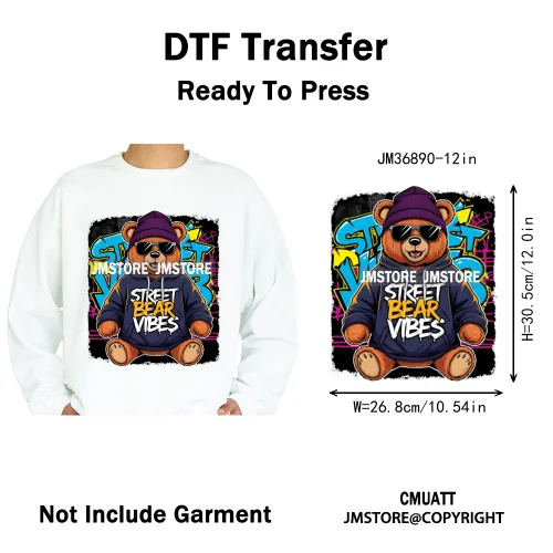 12in Colorful Graffiti Urban Stree Vibes Fearless Gangster Bear Washable Iron on DTF Transfer Sticker Ready to Press for Clothes