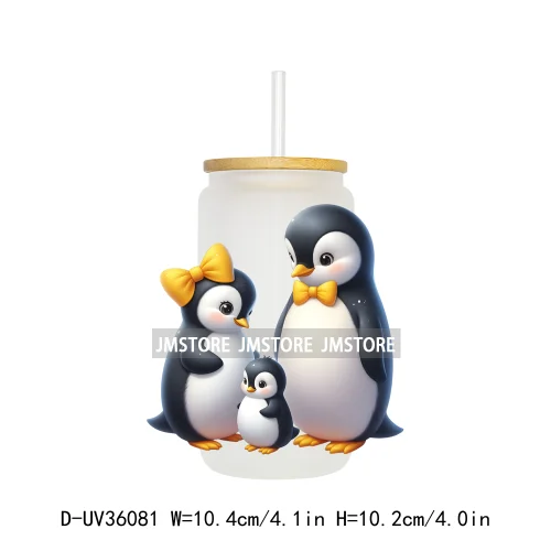 Penguin Family Coquette Bow UV DTF Transfer Stickers Decals Ready To Apply Waterproof For 16OZ Libbey Glass Can Cups Tumbler