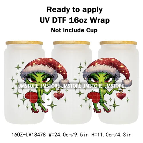 Faux Glitter Christmas Girl Green Guy UV DTF Stickers Ready To Apply Cup Wrap Custom Labels DIY Craft For Libbey Glass Can Mugs