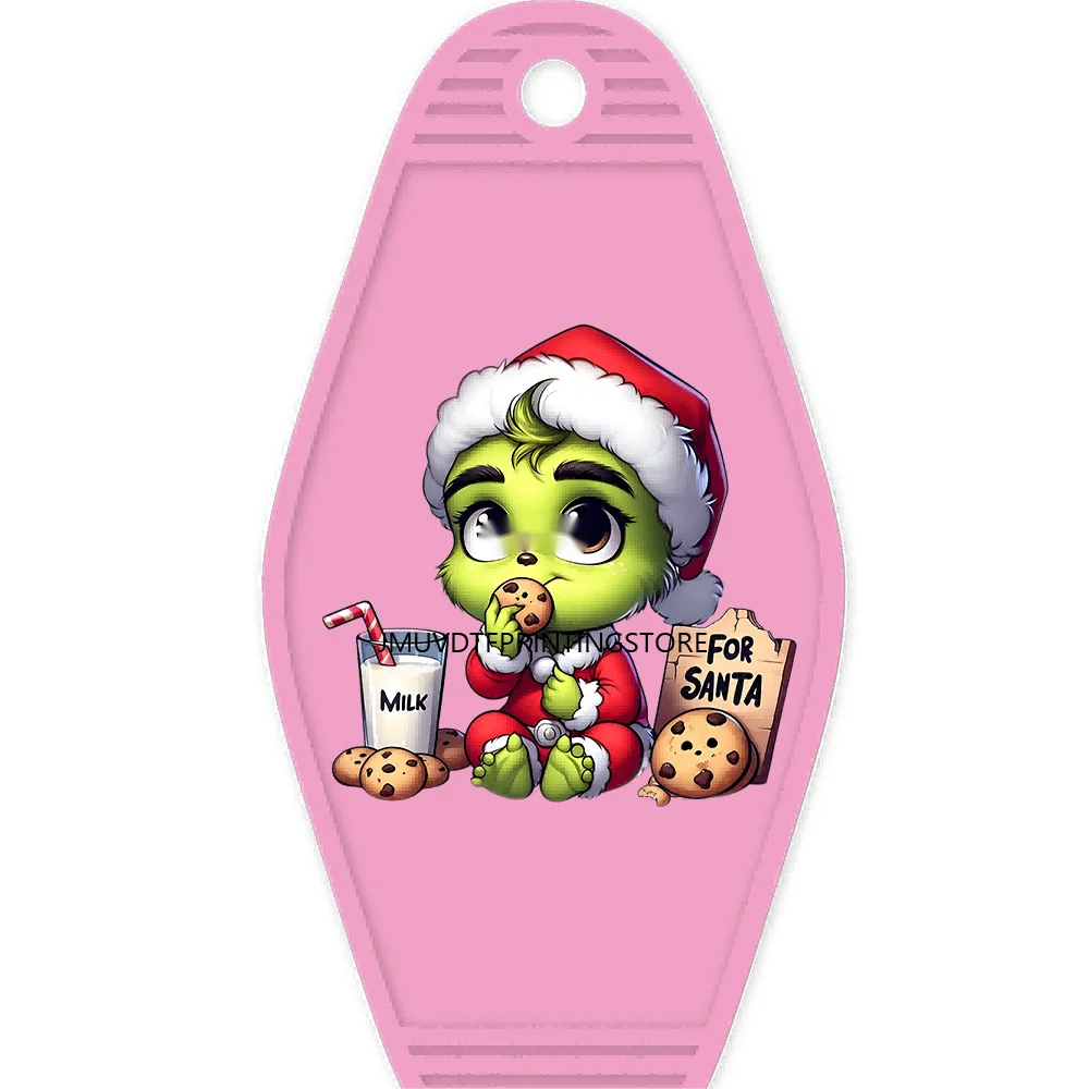 Christmas Cute Baby Green Guy With Santa Hat Gifts High Quality WaterProof UV DTF Sticker For Motel Hotel Keychain