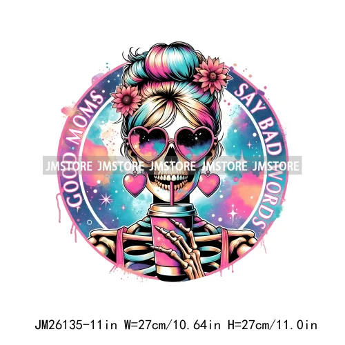 Colorful Coffee Skull Mom Life Boujee Sarcastic Good Moms Say Bad Words DTF Iron On Transfer Stickers Ready To Press For Clothes