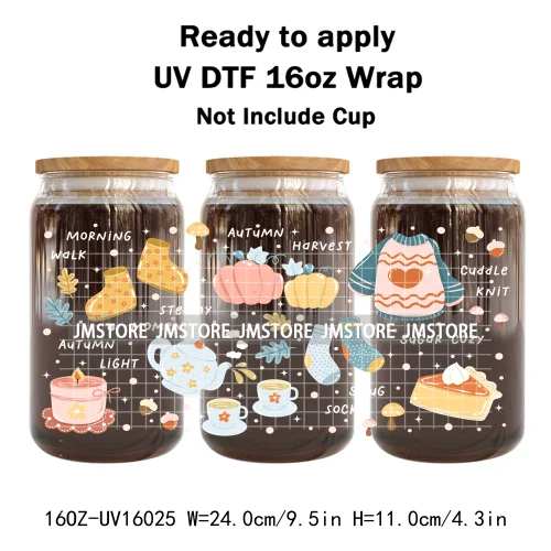 Cozy Autumn Food Fall Leaves Pumpkin 16OZ UV DTF Cup Wraps Ready To Apply Waterproof Transfer Stickers For Libbey Glass Can Mugs