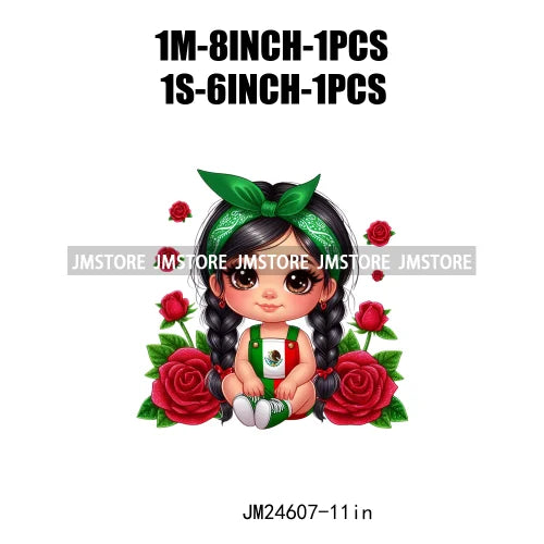 Cute Chibi Mexican Girl Designs Hispanic Red Rose Green Coquette Bow Latina Princess Iron On DTF Transfers Stickers For T-shirts