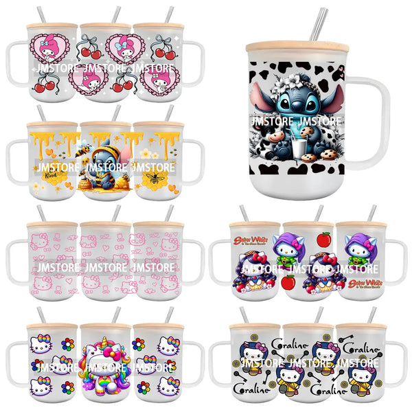 Cartoon Movie Characters UV DTF Glass Can Wrap For 15OZ Mug Glass Cup Transfer Stickers DIY Custom Logo Labels Funny Pink Cat