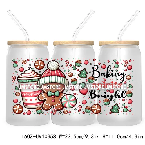 Retro Christmas Santa Claus 16OZ UV Cup Wrap DTF Transfer Stickers For Libbey Glass Can Cups Tumbler Cookie Gingerbread Dog Mom