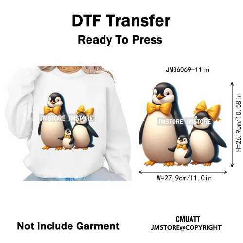 Cute Animal Penguins Coquette Hat Family Mom Father Baby Lovers Iron on DTF Heat Transfer Stickers Ready to Press for Hoodies