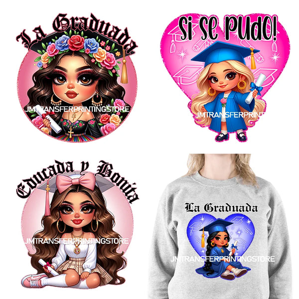 Chicana Chola Educated Latina Graduation Girl Mexican Culture Iron On Stickers Chingona y con Diploma DTF Transfers For Garment