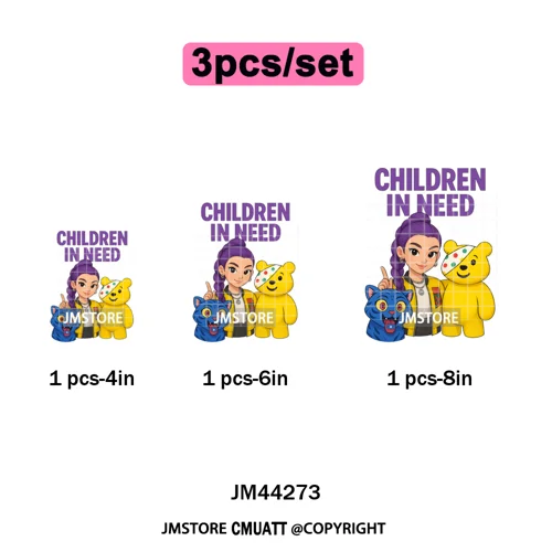 Cute Cartoon Bear Children in Need Charity Raising Kids Iron on Washable DTF Heat Transfers Stickers Ready to Press for Textiles