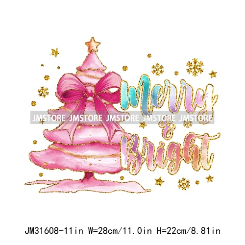 Merry And Bright Christmas Faux Gold Giltter Coquette Tree Gifts Girly Iron On DTF Transfer Stickers Ready To Press For Clothing