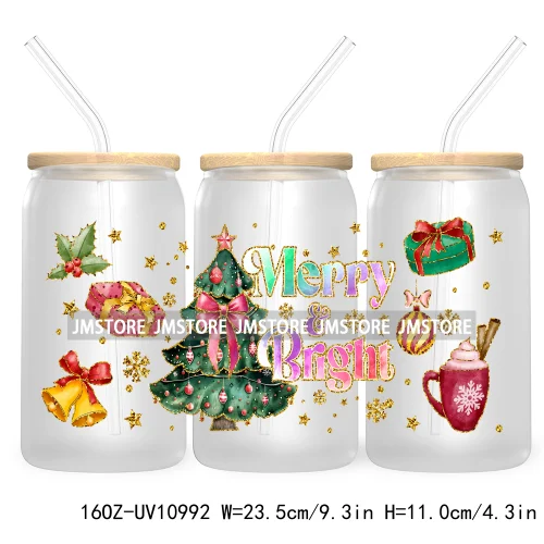 Coquette Glitter Holly Jolly Christmas Tree UV DTF Cup Wrap For Libbey Glass Can Transfer Stickers Waterproof Custom Labels Gift