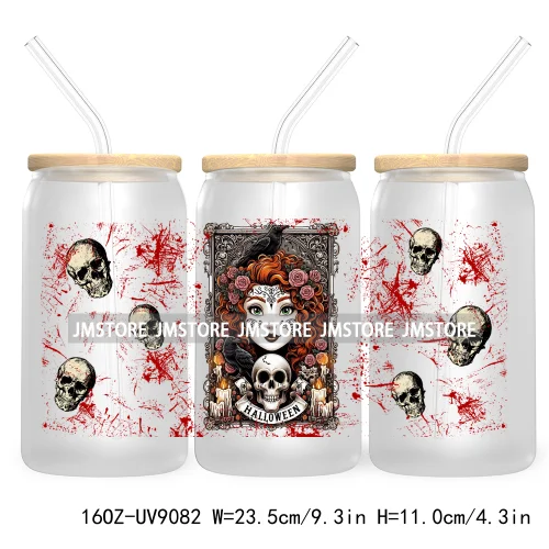 Spooky Halloween Princess 16OZ UV Cup Wrap DTF Transfer Sticker For Libbey Glass Can Cup Tumbler Waterproof Label Trick or Treat