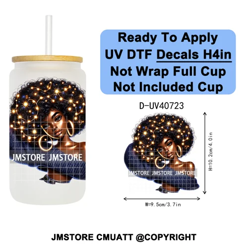 Big Hair Fashionable Black Girl UV DTF Decals Ready To Apply Waterproof Transfer Stickers DIY Crafts For 16OZ Libbey Glass Can