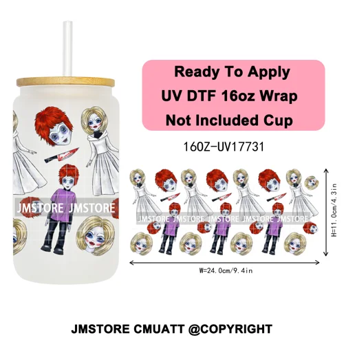 Horro Killer Witch Halloween UV DTF Cup Wrap Ready To Apply Transfer Stickers Waterproof 16OZ Tumbler Wraps For Libbey Glass Can