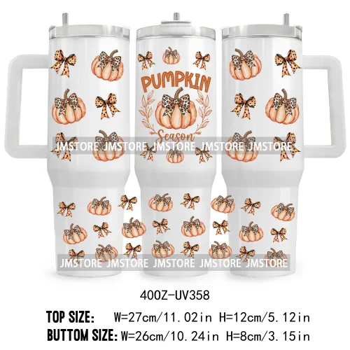 Leopard Pumpkin Coquette Bow UV DTF 40OZ Tumbler Wrap Ready To Apply Waterproof Custom Logo Fall Autumn Vibes Transfer Stickers