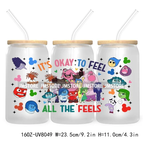 It's Okay To Feel All The Feels UV DTF Cup Wrap For 16OZ Glass Cup Can Transfer Stickers Custom Label Logo Inside Out Characters