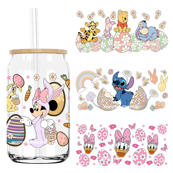 Cute Easter Bunny Cartoon UV DTF Sticker For 16OZ Libbey Glass Cup Can Wrap Transfer Sticker Custom Label DIY Logo Spring Flower