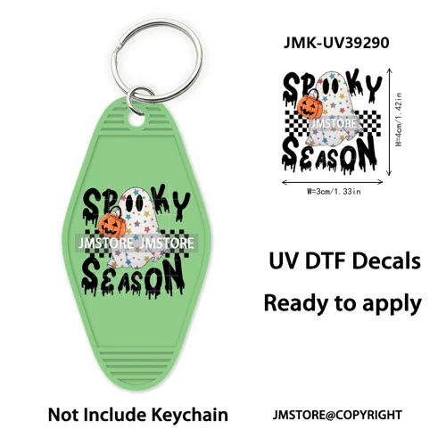 Faux Glitter Halloween Ghost Pumpkin Season UV DTF Motel Keychain Decal Ready To Ship Transfer Stickers Print For Hotel Keychain