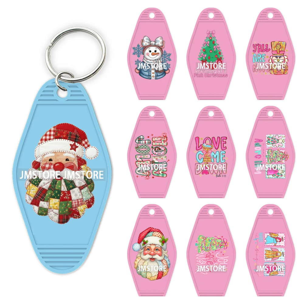 Holly Jolly Christmas Patchwork Santa UV DTF Motel Keychain Decal Ready To Ship Durable Transfer Stickers For Hotel Keychain