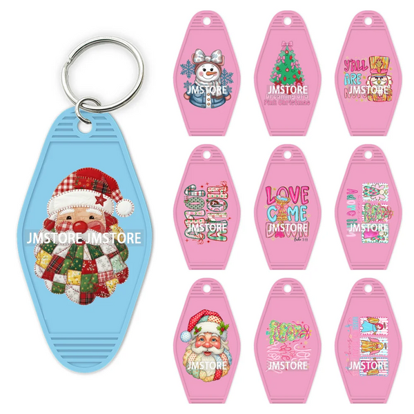 Holly Jolly Christmas Patchwork Santa UV DTF Motel Keychain Decal Ready To Ship Durable Transfer Stickers For Hotel Keychain