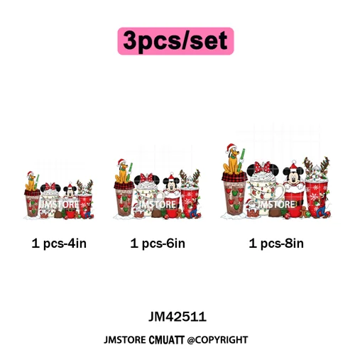 Cute Cartoon Character Coffee Cup Coquette Candy Merry Christmas Iron on DTF Heat Transfers Stickers Ready to Press for Hoodies