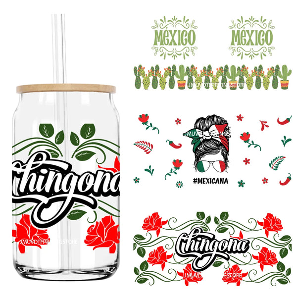 Chingona Latina Mexicana Messy Bun Mom UV DTF Sticker For 16OZ Libbey Glass Cup Can Wrap Transfer Sticker Custom Labels DIY Logo