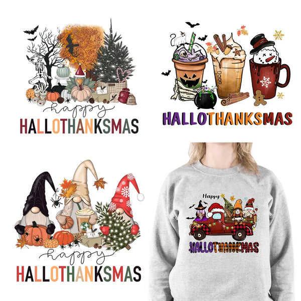 Happy Hallothanksmas Logos DTF Santa Coffee Cup Fall Christmas Halloween Thanksgiving Festival Heat Transfer Sticker For Clothes