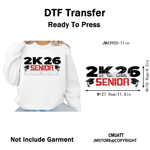 College Mega Senior 2K26 Coquette Class of 2026 Iron on Washable DTF Heat Transfers Stickers Ready to Press for Textiles Bags