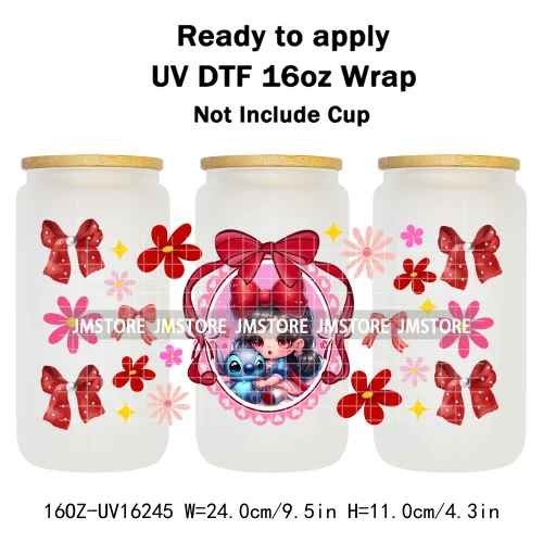 Floral Cartoon Princess Coquette Bow 16OZ UV DTF Cup Wrap Ready To Apply Waterproof Transfer Stickers For Libbey Glass Can Mugs