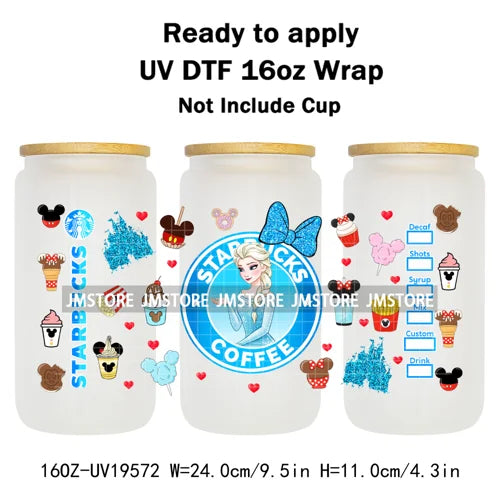 Faux Glitter Coffee Cartoon Princess Girly 16OZ UV DTF Cup Wraps Ready To Apply Waterproof Transfer Sticker For Libbey Glass Can