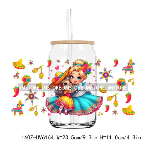 Cartoon Princess Cinco De Mayo Mexican UV DTF Sticker For 16OZ Libbey Glass Cup Can Wrap Transfer Stickers Custom Label DIY Logo