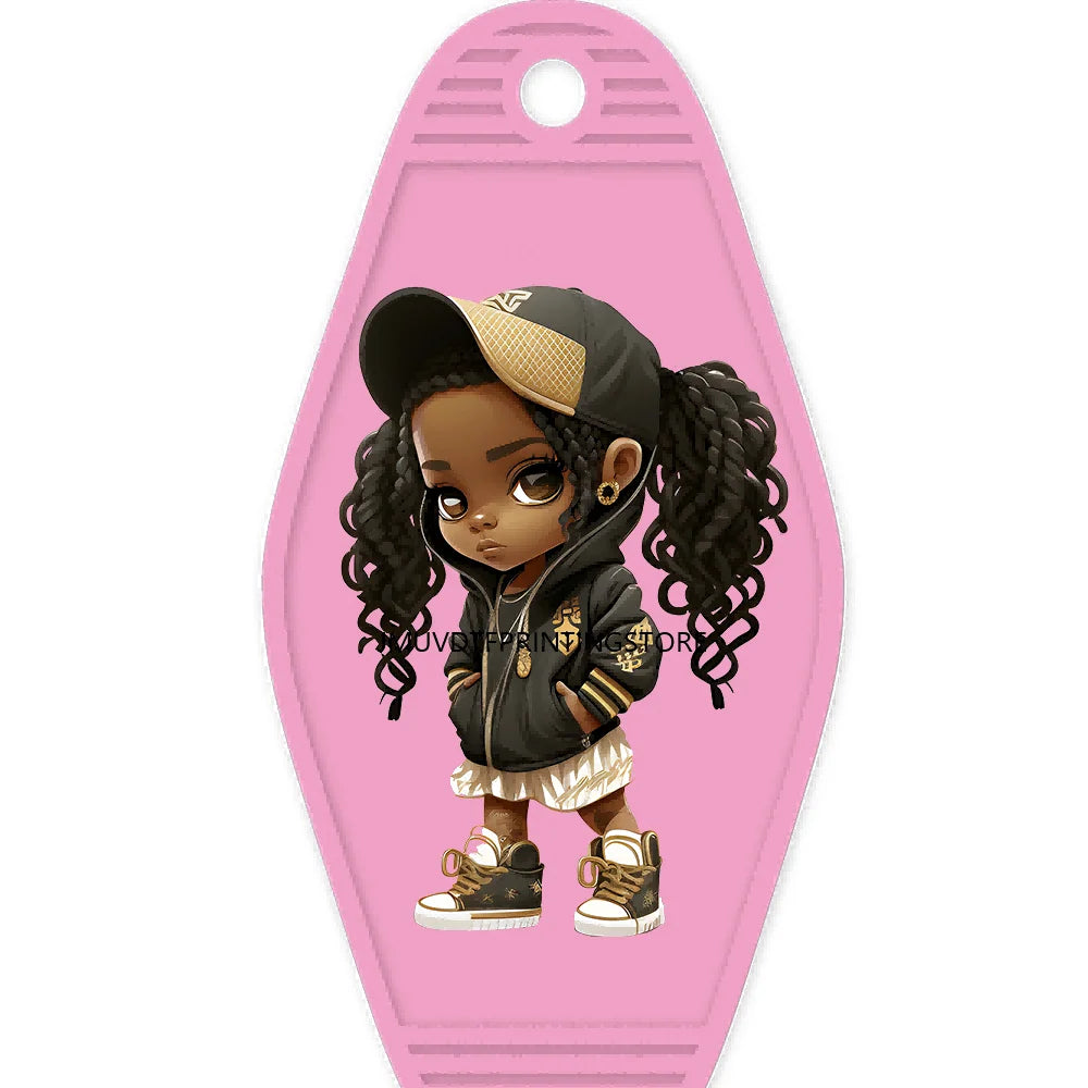 Cool Dreadlock Afro Girl High Quality WaterProof UV DTF Sticker For Motel Hotel Keychain Black Hip Hop Kids