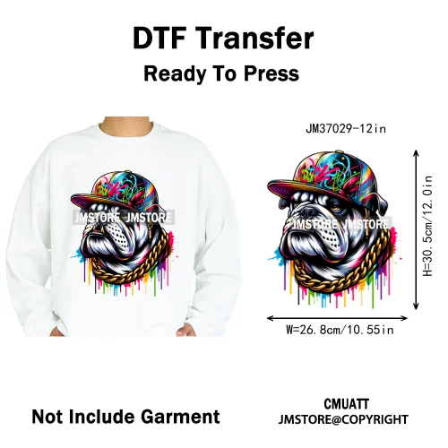 12in Streetwear Vibes Rich Cool Cartoon Bulldog King Designs Washable Iron on DTF Transfers Stickers Ready to Press for Clothes