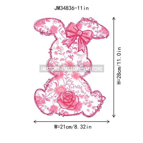 Floral Pink Toile Chinoiserie Coquette Bunny Spring Easter Iron On DTF Heat Transfers Stickers Ready To Press For T-shirts Bags