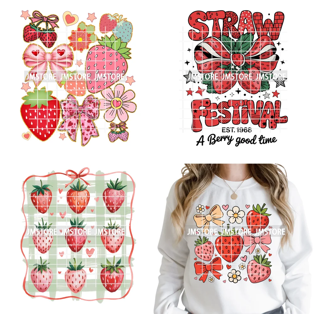 Boho Coquette Floral Strawberry Festival Vibes Summer Fruit Iron on DTF Thermal Transfer Sticker Ready to Press for Clothes Bags