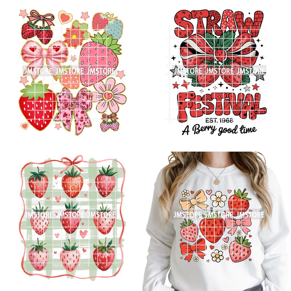 Boho Coquette Floral Strawberry Festival Vibes Summer Fruit Iron on DTF Thermal Transfer Sticker Ready to Press for Clothes Bags