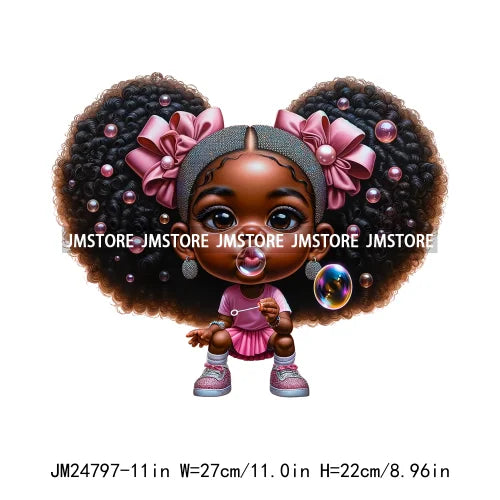 Cute God First Chibi Black Baby Girl Afro Magic Kids Coffee Woman Iron On DTF Transfer Stickers Ready To Press For Clothes Bags