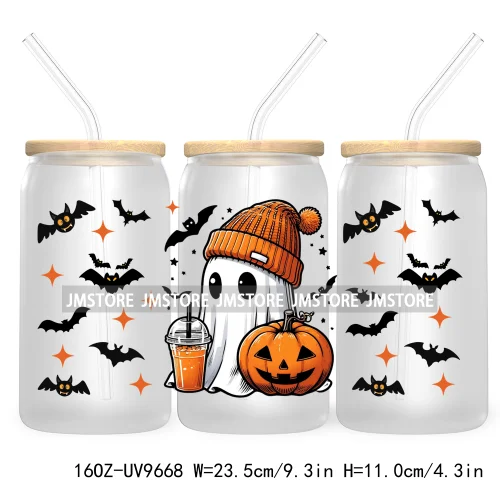 Spooky Ghost Fall Halloween Pumpkin Season UV DTF Sticker For 16OZ Libbey Glass Cup Can Autumn Leaves Wrap Transfer Stickers